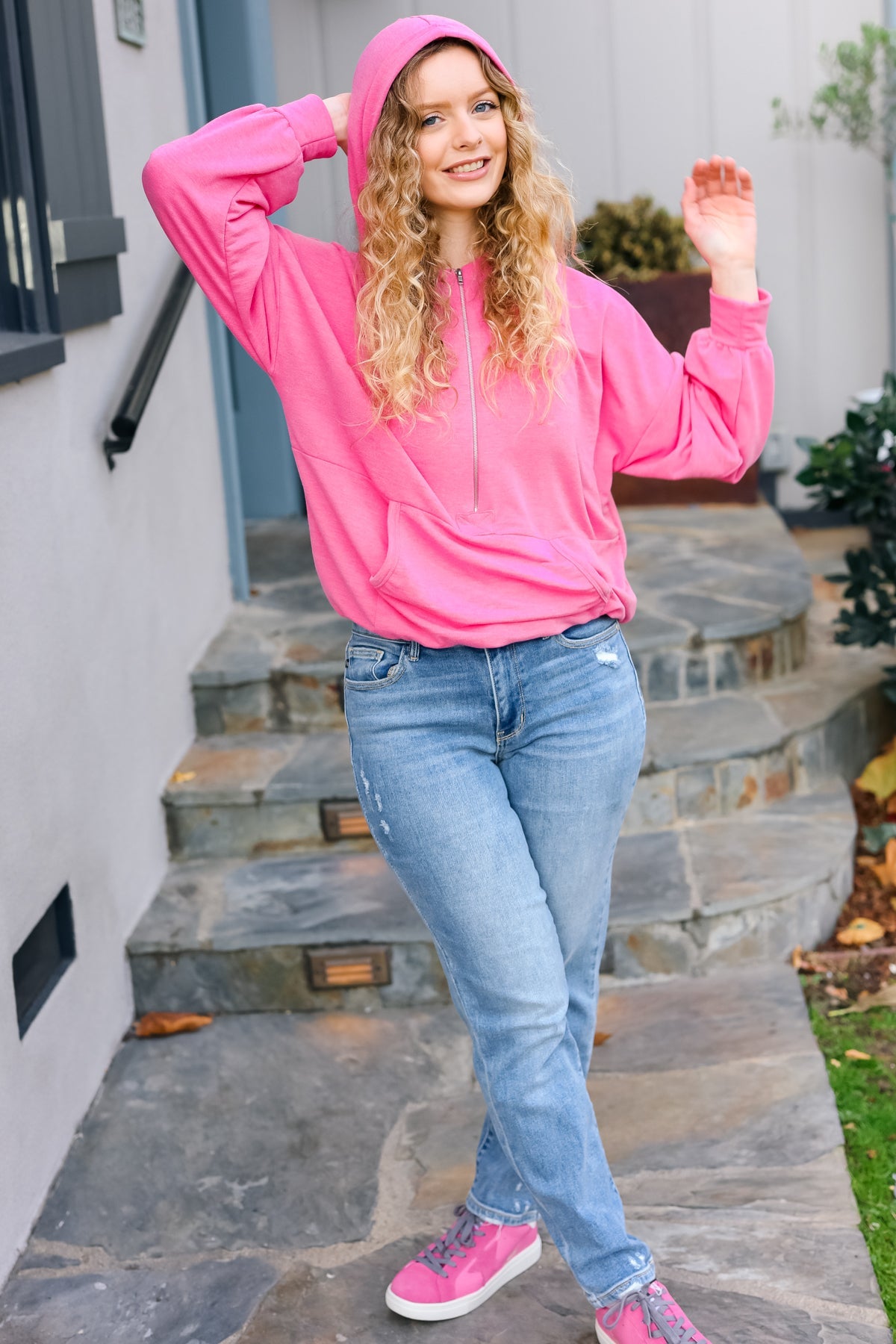 Ready to Relax Hot Pink Half Zip French Terry Hoodie Haptics