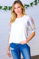 Ivory Multicolor Vertical Stripe Puff Sleeve Top Haptics