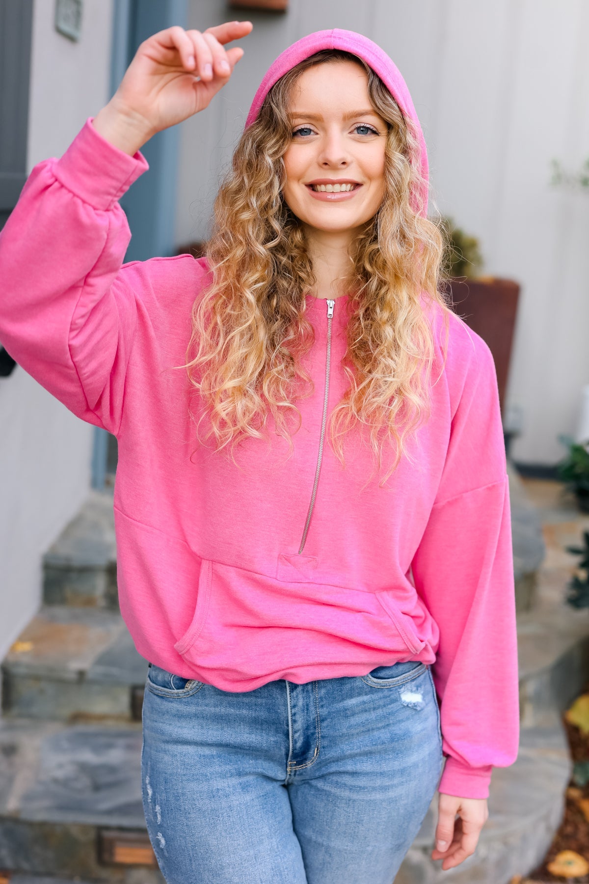 Ready to Relax Hot Pink Half Zip French Terry Hoodie Haptics