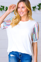 Ivory Multicolor Vertical Stripe Puff Sleeve Top Haptics