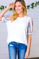 Ivory Multicolor Vertical Stripe Puff Sleeve Top Haptics