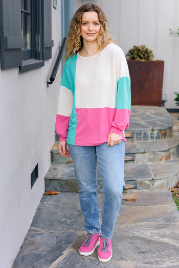 The Slouchy Mint & Pink Drop Shoulder Terry Color Block Top Haptics