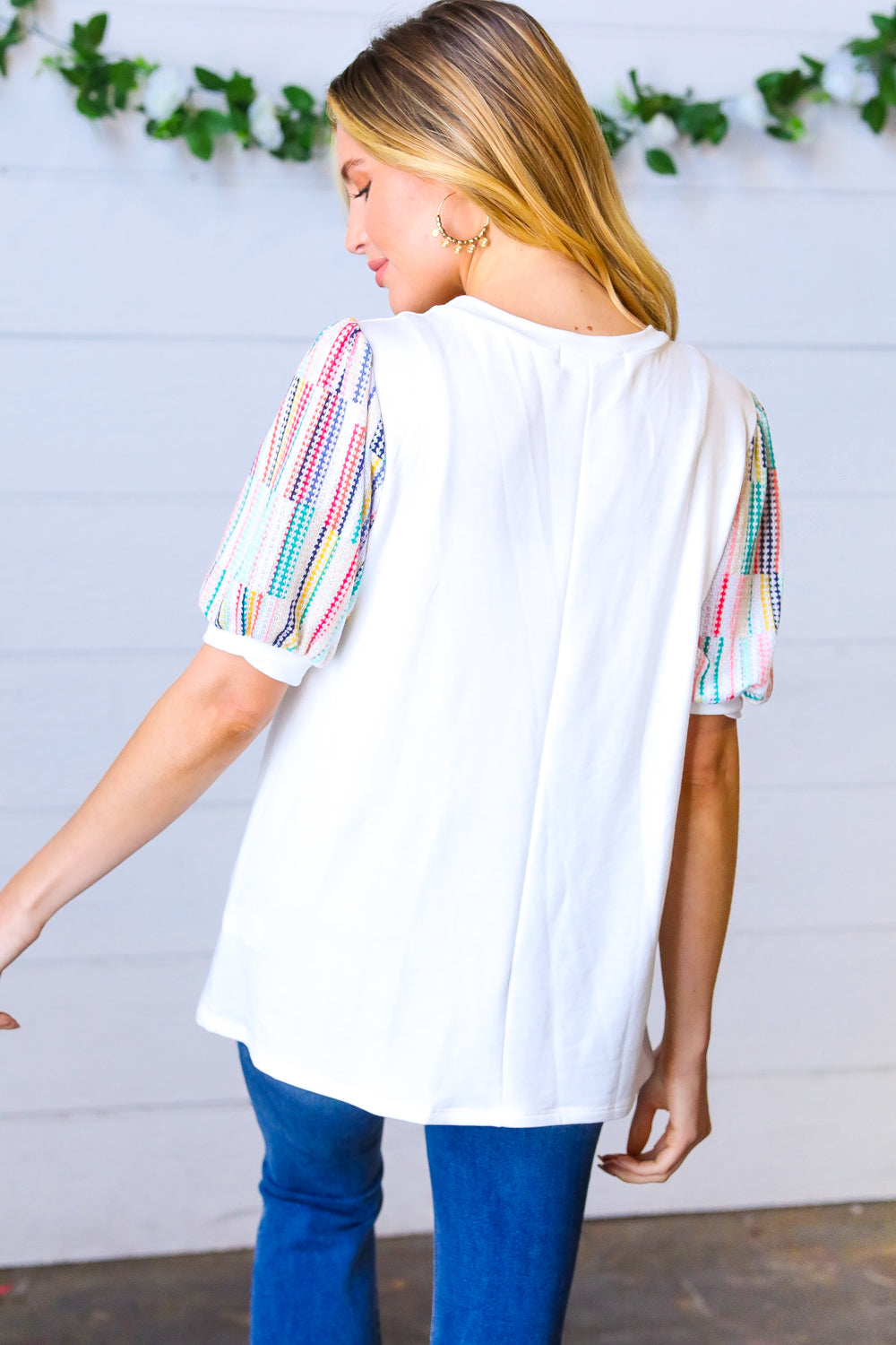 Ivory Multicolor Vertical Stripe Puff Sleeve Top Haptics