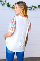 Ivory Multicolor Vertical Stripe Puff Sleeve Top Haptics