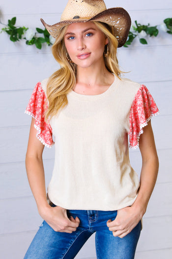 Coral & Sand Floral Short Flutter Sleeve Top Haptics