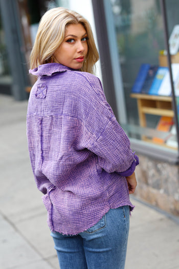 Violet Washed Cotton Gauze Button Down Shirt Zenana