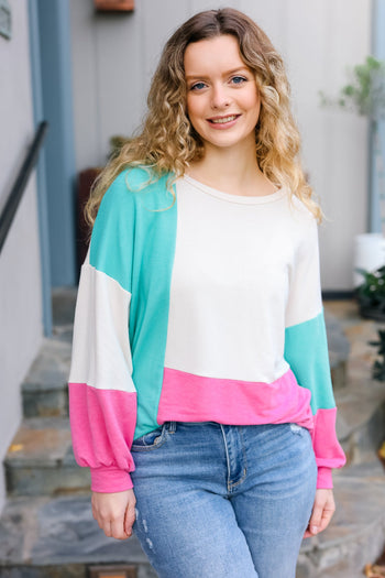 The Slouchy Mint & Pink Drop Shoulder Terry Color Block Top Haptics