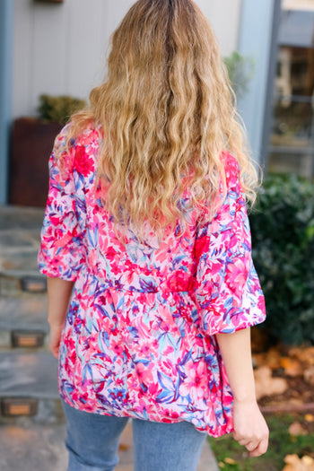 Feeling Femmi Pink & Fuchsia Floral Peplum Woven Top Haptics