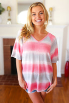 Pink & Grey Tie Dye Stripe Terry V Neck Top VIAMOR