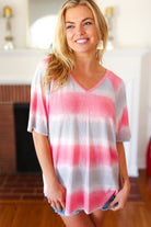 Pink & Grey Tie Dye Stripe Terry V Neck Top VIAMOR