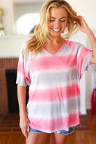 Pink & Grey Tie Dye Stripe Terry V Neck Top VIAMOR