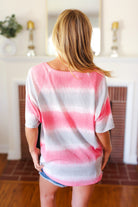 Pink & Grey Tie Dye Stripe Terry V Neck Top VIAMOR