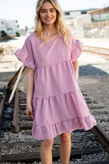 Red Ruffle Tiered Gingham Cotton Pocketed Dress Haptics