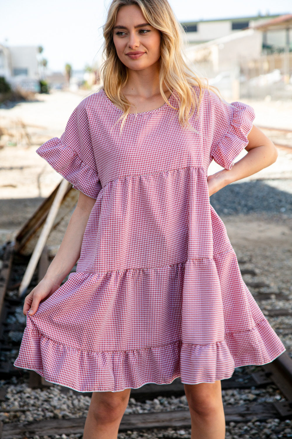 Red Ruffle Tiered Gingham Cotton Pocketed Dress Haptics
