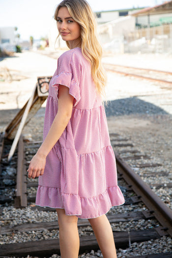 Red Ruffle Tiered Gingham Cotton Pocketed Dress Haptics