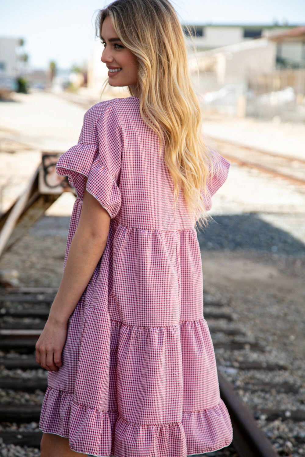 Red Ruffle Tiered Gingham Cotton Pocketed Dress Haptics
