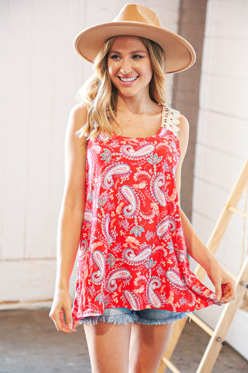 Coral Paisley Scallop Crochet Strap Tank Top Haptics