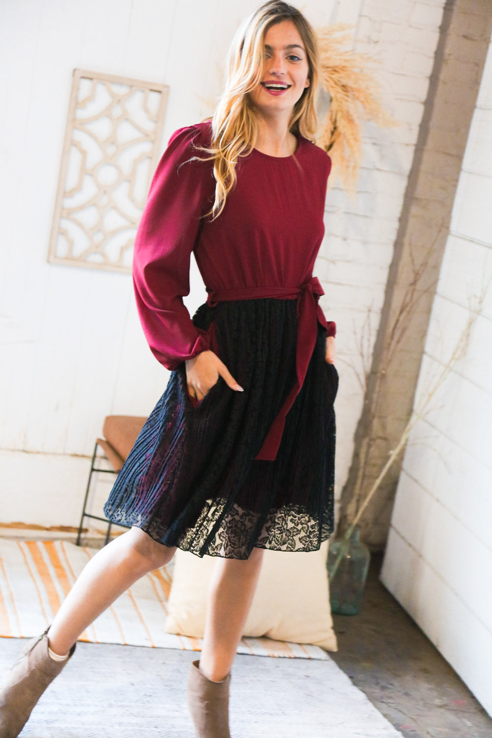 Maroon & Black Lace Overlay Sash Tie Dress Haptics