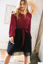 Maroon & Black Lace Overlay Sash Tie Dress Haptics