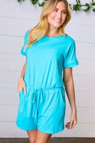 Ice Blue Brushed Knit Elastic Waist Pocketed Romper Zenana