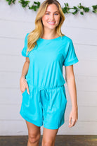 Ice Blue Brushed Knit Elastic Waist Pocketed Romper Zenana