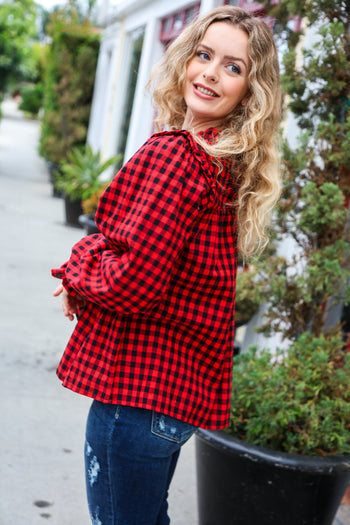 Adorable in Red Gingham Shirred Mock Neck Top Haptics