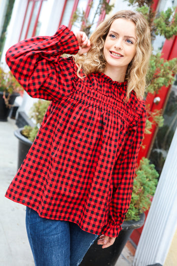 Adorable in Red Gingham Shirred Mock Neck Top Haptics