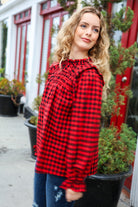Adorable in Red Gingham Shirred Mock Neck Top Haptics