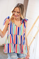 Multicolor Vertical Stripe Tie Bow Woven Top Haptics