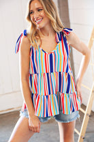 Multicolor Vertical Stripe Tie Bow Woven Top Haptics