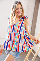 Multicolor Vertical Stripe Tie Bow Woven Top Haptics