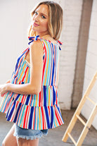 Multicolor Vertical Stripe Tie Bow Woven Top Haptics