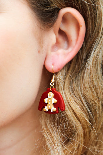 Gingerbread Man Sweater Clay Dangle Earrings Gilded Lilly