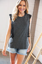 Charcoal Distressed Sleeveless Crochet Lace Top Sugarfox