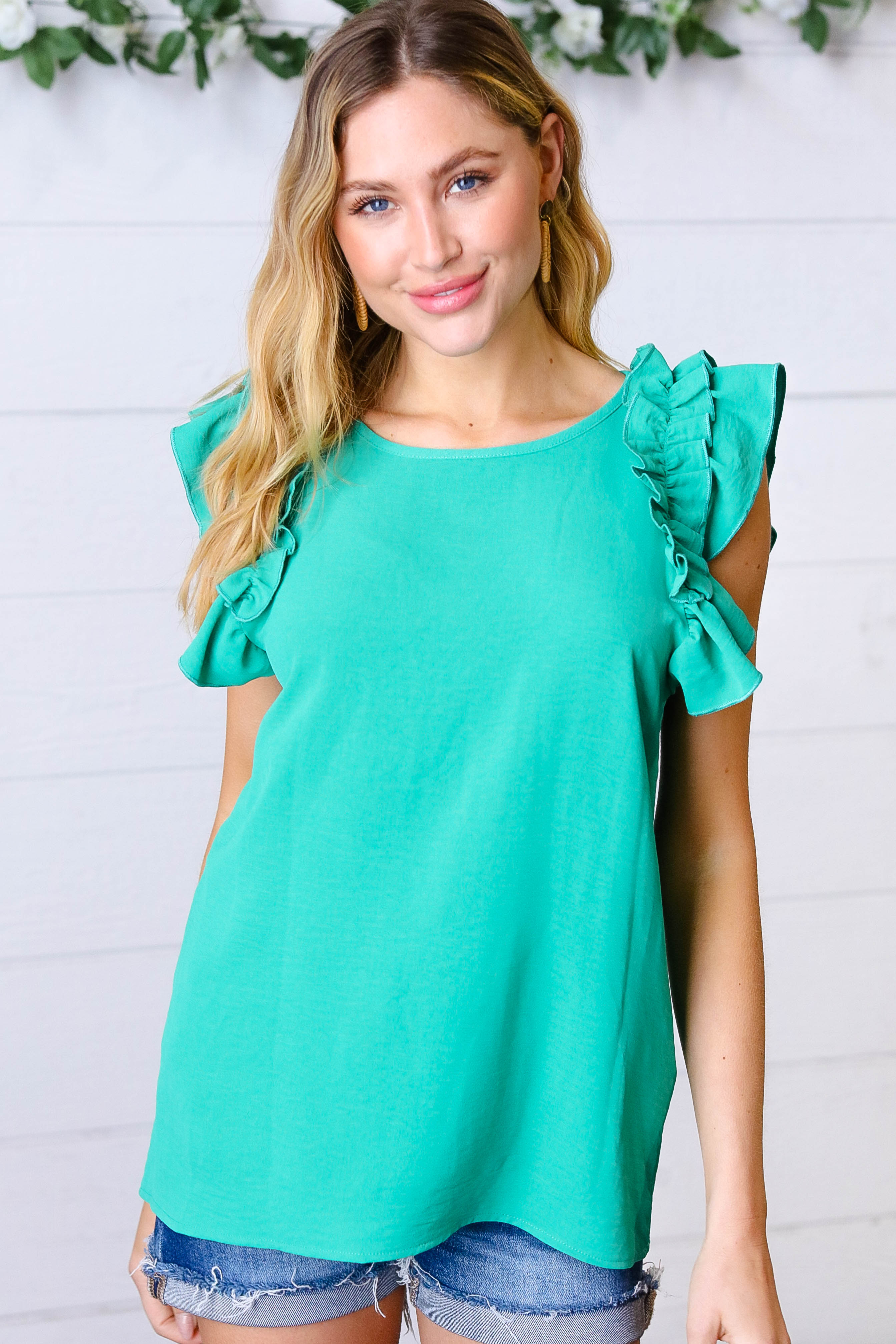 Kelly Green Double Ruffle Sleeve Crinkle Top Haptics