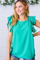 Kelly Green Double Ruffle Sleeve Crinkle Top Haptics