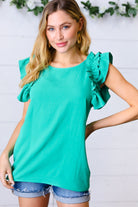 Kelly Green Double Ruffle Sleeve Crinkle Top Haptics