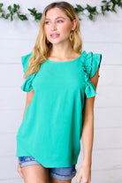 Kelly Green Double Ruffle Sleeve Crinkle Top Haptics