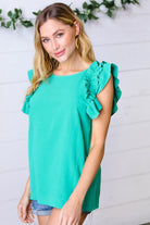 Kelly Green Double Ruffle Sleeve Crinkle Top Haptics