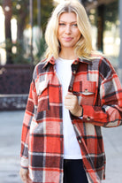 On My Way Up Rust Plaid Flannel Button Down Shacket Haptics