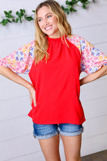 Cardinal Red Frilled Mock Neck Floral Puff Sleeve Top Haptics