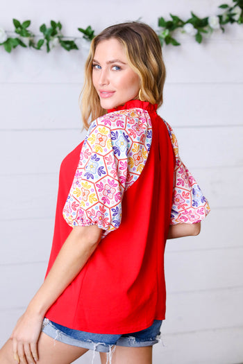 Cardinal Red Frilled Mock Neck Floral Puff Sleeve Top Haptics