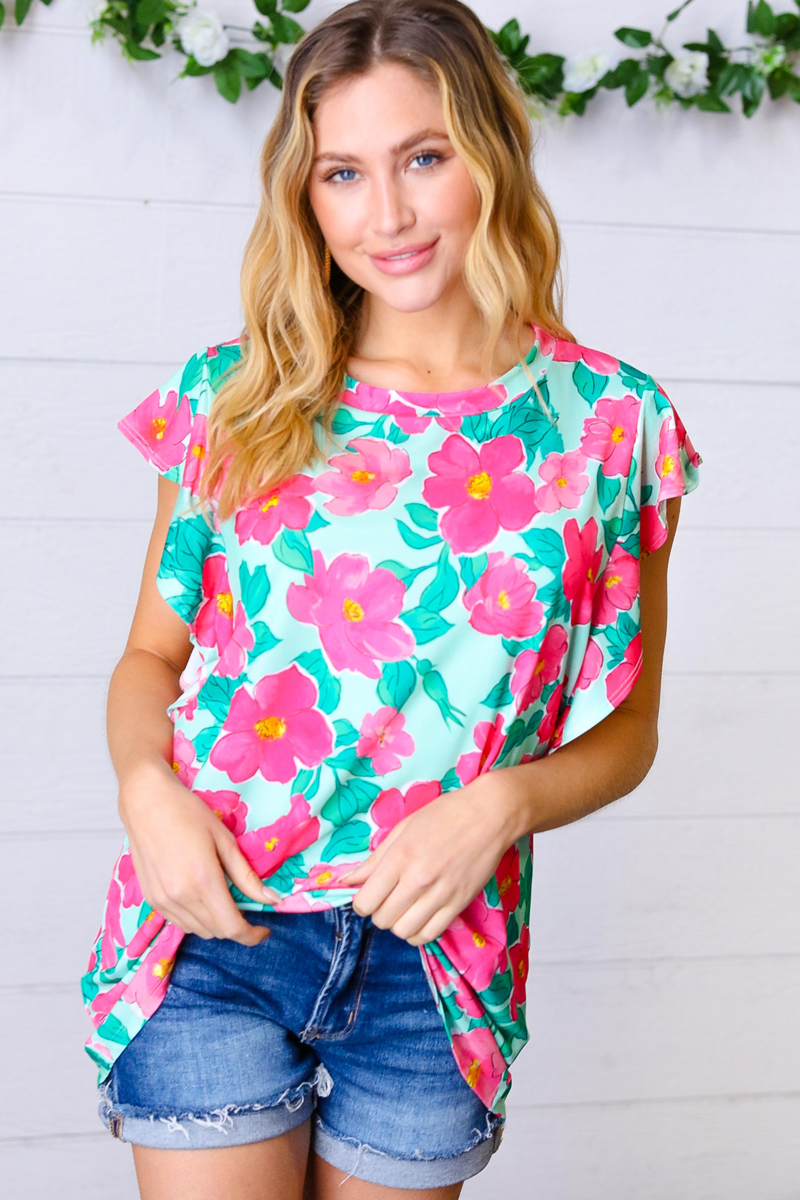 Mint & Fuchsia Floral Ruffle Sleeve Top Haptics