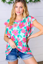 Mint & Fuchsia Floral Ruffle Sleeve Top Haptics