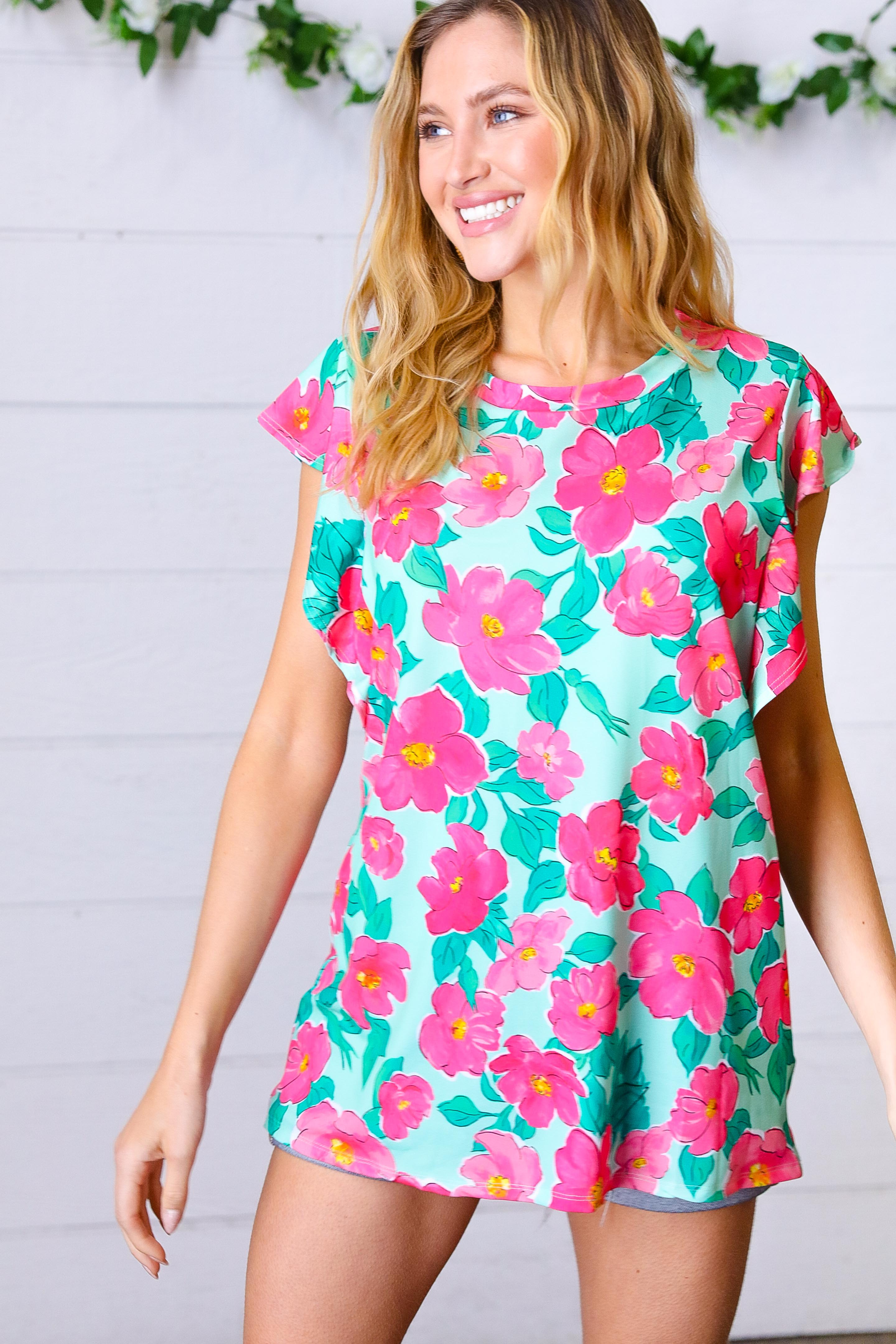 Mint & Fuchsia Floral Ruffle Sleeve Top Haptics