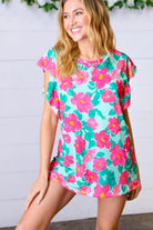 Mint & Fuchsia Floral Ruffle Sleeve Top Haptics