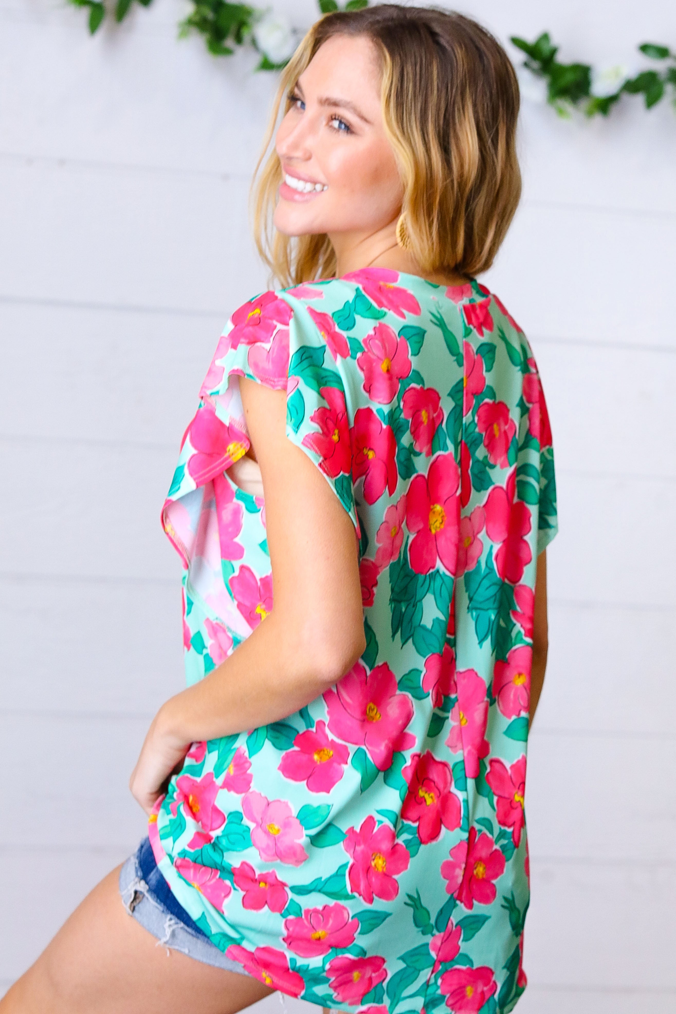 Mint & Fuchsia Floral Ruffle Sleeve Top Haptics