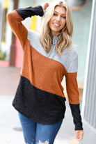 Cozy Up Heather Grey & Rust Color Block Hoodie Top Red Lolly