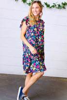 Navy Flat Floral Woven Poplin Ruffle Frill Sleeve Dress Haptics