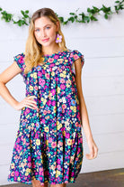 Navy Flat Floral Woven Poplin Ruffle Frill Sleeve Dress Haptics